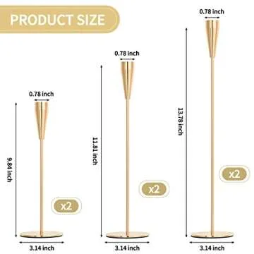 Gold Candlestick Holders Set of 6 Candle Stick Long Holder Taper Candle Holders Metal Candle Stand Table Decorative for Wedding Dinning Party Anniversary Fits 3/4 inch Thick Candle&Led Candles