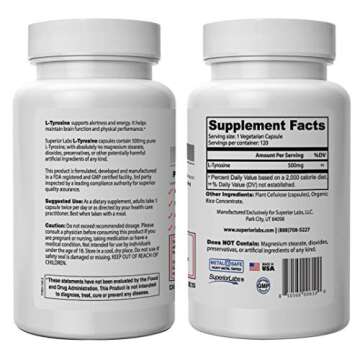 Superior Labs – Pure Natural L-Tyrosine NonGMO – 500 mg, 120 Vegetable Capsules – Supports Men...