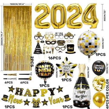 MOVINPE New Years Eve Party Decorations 2024 Black Gold, Happy New Year Party Supplies, Banner Giant...