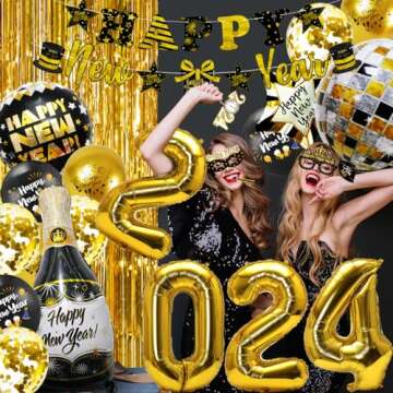 MOVINPE New Years Eve Party Decorations 2024 Black Gold, Happy New Year Party Supplies, Banner Giant Foil Number Balloon Fringe Curtain Photo Booth Props Squawkers Blowouts Balloons