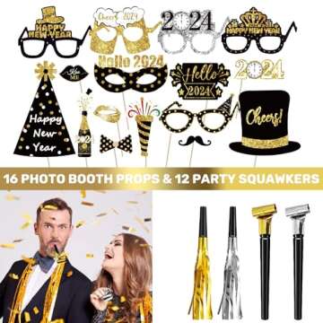 MOVINPE New Years Eve Party Decorations 2024 Black Gold, Happy New Year Party Supplies, Banner Giant Foil Number Balloon Fringe Curtain Photo Booth Props Squawkers Blowouts Balloons