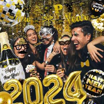 MOVINPE New Years Eve Party Decorations 2024 Black Gold, Happy New Year Party Supplies, Banner Giant Foil Number Balloon Fringe Curtain Photo Booth Props Squawkers Blowouts Balloons