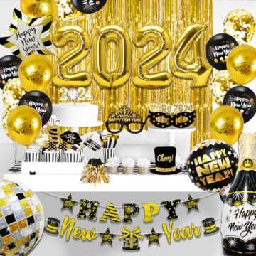 MOVINPE New Years Eve Party Decorations 2024 Black Gold, Happy New Year Party Supplies, Banner Giant Foil Number Balloon Fringe Curtain Photo Booth Props Squawkers Blowouts Balloons