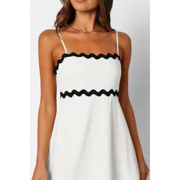 dowerme Womens Dresses 2025 Spaghetti Straps Sleeveless Square Neck Smocked Rickrack Trim Loose Fit A-Line Midi Dress(White,Large)