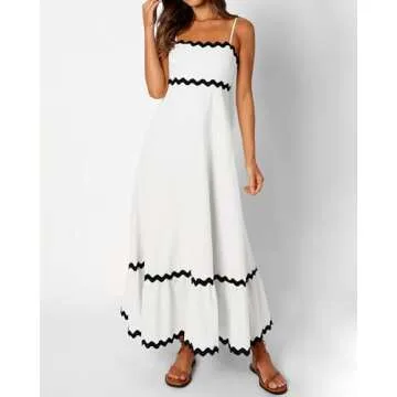 dowerme Womens Dresses 2025 Spaghetti Straps Sleeveless Square Neck Smocked Rickrack Trim Loose Fit A-Line Midi Dress(White,Large)