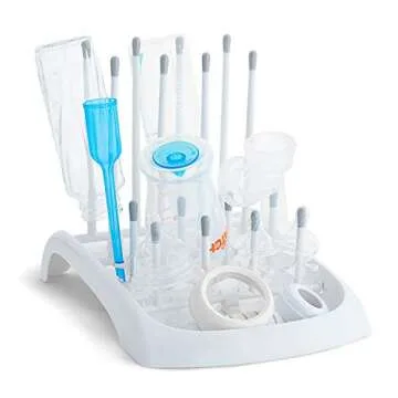 Munchkin Fold Baby Bottle Drying Rack and Bristle Bottle Brush Cleaning Essentials Set, White/Grey