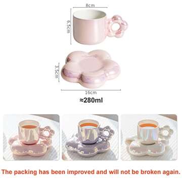 YOKIOU Ceramic Coffee Mug with Saucer White 280ml Cute Flower Tea Cup for Mother's Day Women Girlfri...