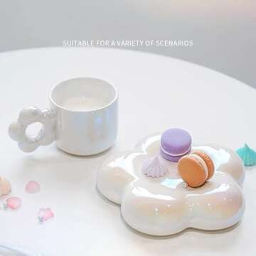 YOKIOU Ceramic Coffee Mug with Saucer White 280ml Cute Flower Tea Cup for Mother's Day Women Girlfriend Birthday Valentine's Day (white)