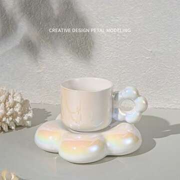 YOKIOU Ceramic Coffee Mug with Saucer White 280ml Cute Flower Tea Cup for Mother's Day Women Girlfriend Birthday Valentine's Day (white)