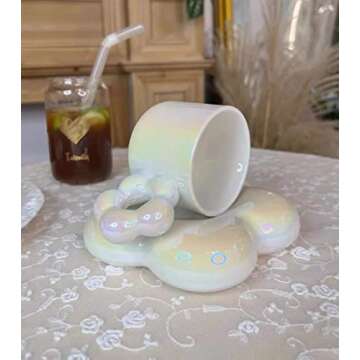 YOKIOU Ceramic Coffee Mug with Saucer White 280ml Cute Flower Tea Cup for Mother's Day Women Girlfriend Birthday Valentine's Day (white)