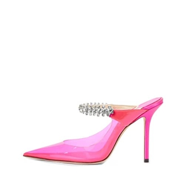 Keleimusi Women Heeled Mules PVC Strapped Rhinestones Pointed Toe Slip On Sandals for Bridal Pink