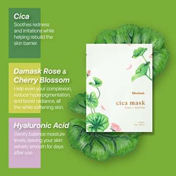 Meebak Korean Facial Sheet Mask 5 Pack for Women Skin Care, Cica, Ceramide, Rose, Tea Tree