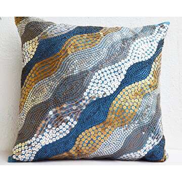 Amore Beaute Handcrafted Blue Throw Pillow Covers with Silver, Copper Sequins Beads Details - Silver Pillow Covers - Gold Pillowcases - Sequin Throw Pillow Cover - Metallic Pillow Cover (16x16)