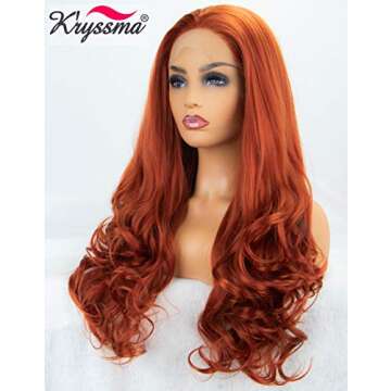 K'ryssma Fashion Women's #360 Copper Red Lace Front Wigs Synthetic Glueless Long Wavy Free Part Half...