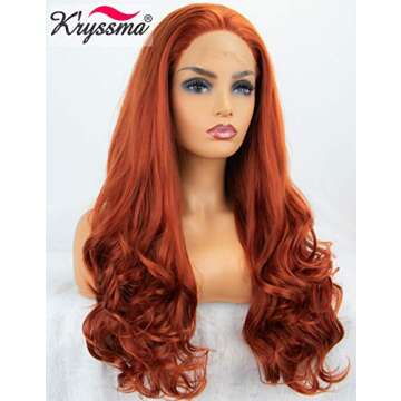 K'ryssma Fashion Women's #360 Copper Red Lace Front Wigs Synthetic Glueless Long Wavy Free Part Half Hand Tied Replacement Full Wigs For Halloween Heat Resistant 24 inches