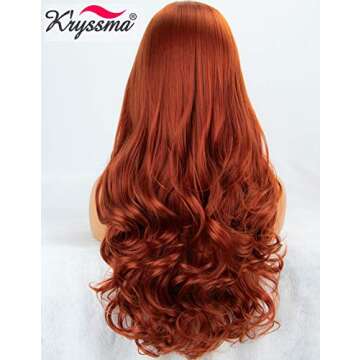 K'ryssma Fashion Women's #360 Copper Red Lace Front Wigs Synthetic Glueless Long Wavy Free Part Half Hand Tied Replacement Full Wigs For Halloween Heat Resistant 24 inches