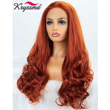 K'ryssma Fashion Women's #360 Copper Red Lace Front Wigs Synthetic Glueless Long Wavy Free Part Half Hand Tied Replacement Full Wigs For Halloween Heat Resistant 24 inches