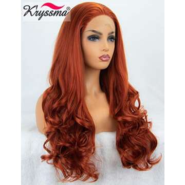 K'ryssma Fashion Women's #360 Copper Red Lace Front Wigs Synthetic Glueless Long Wavy Free Part Half Hand Tied Replacement Full Wigs For Halloween Heat Resistant 24 inches