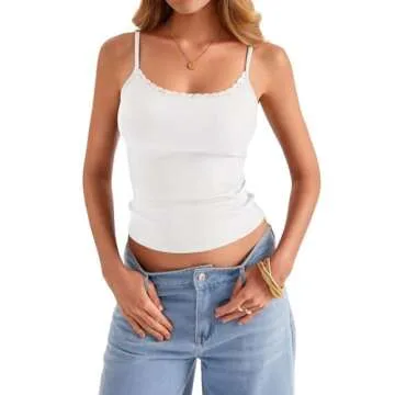EasyGala Womens Lace Camisole Tops Square Neck Ribbed Tank Tops Adjustable Spaghetti Straps Sleeveless Summer Shirt 2025 White