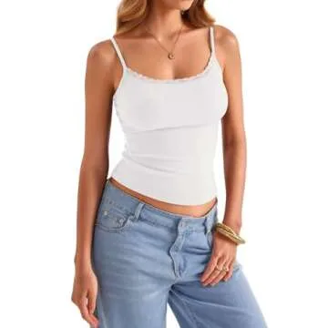 EasyGala Womens Lace Camisole Tops Square Neck Ribbed Tank Tops Adjustable Spaghetti Straps Sleeveless Summer Shirt 2025 White