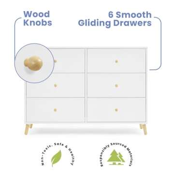 Delta Children Essex 6 Drawer Dresser, Bianca White/Natural