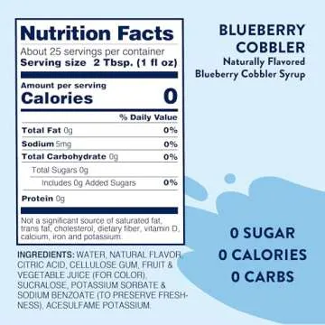Jordan's Skinny Syrups Sugar Free Coffee Syrup, Blueberry Cobbler Syrup Flavor, Zero Calorie Flavoring for Latte, Protein Shake, Cocktail & More, Gluten Free, Keto Friendly, 25.4 Fl Oz, 1 Pack