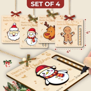 WOODAMORE Unique Christmas Money Holders For Cash Gift - 4 Pcs Christmas Money Holder Ornaments, Wooden Money Holders Christmas Gift 2024, Fun Holiday Money Holders Card, Christmas Money Gift Holder