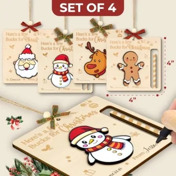 WOODAMORE Unique Christmas Money Holders For Cash Gift - 4 Pcs Christmas Money Holder Ornaments, Wooden Money Holders Christmas Gift 2024, Fun Holiday Money Holders Card, Christmas Money Gift Holder
