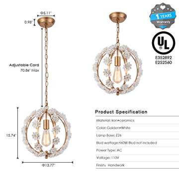 Yifi Deco Elegant Gold Pendant Light Fixture for All Rooms