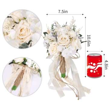 CEWOR Wedding Bouquets for Bride Bridesmaid, White Champagne Artificial Roses Flowers Wedding Decora...