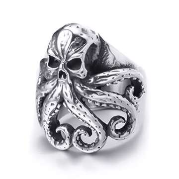 ELFASIO Stainless Steel Octopus Ring for Men Tentacles Retro Gothic Punk Style Jewelry Silver Black Vintage Rings,Size 11