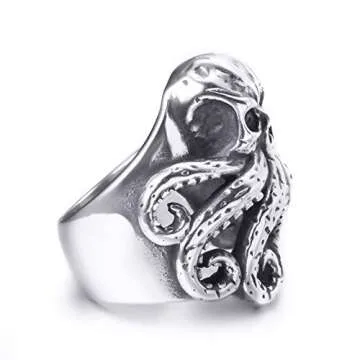 ELFASIO Stainless Steel Octopus Ring for Men Tentacles Retro Gothic Punk Style Jewelry Silver Black Vintage Rings,Size 11