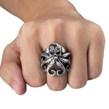 ELFASIO Stainless Steel Octopus Ring for Men Tentacles Retro Gothic Punk Style Jewelry Silver Black Vintage Rings,Size 11