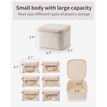 Vlando Travel Small Jewelry Case, Jewelry Travel Organizer with 6 Pcs Jewelry Bags Gifts for Valentine's Day Birthday Earrings Necklace Rings Storage Gift Box Packaging White