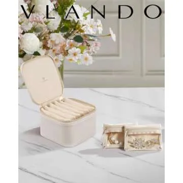 Vlando Travel Small Jewelry Case, Jewelry Travel Organizer with 6 Pcs Jewelry Bags Gifts for Valentine's Day Birthday Earrings Necklace Rings Storage Gift Box Packaging White