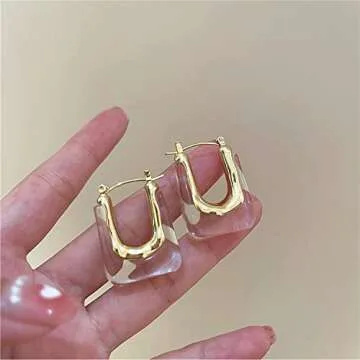Chunky Clear Earrings Retro U Shaped Hoop Earrings Minimalist Square Earrings Resin Earrings Huggie Earrings for Women