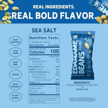 Rēl Snacks Roasted Edamame by Fred's Farm - Sea Salt, Low Calorie (0.9oz, 10-Pack) | Keto-Friendly, Low Carb, High Protein (11g) | Vegan | Ideal Crunchy Snack for Office and On-the-Go