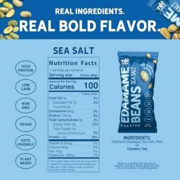 Rēl Snacks Roasted Edamame by Fred's Farm - Sea Salt, Low Calorie (0.9oz, 10-Pack) | Keto-Friendly, Low Carb, High Protein (11g) | Vegan | Ideal Crunchy Snack for Office and On-the-Go