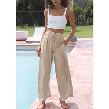 Himosyber Women Cotton Linen Pants Wide Leg High Waist Flowy Summer Beach Drawstring Pant Trouser (Khaki-L)