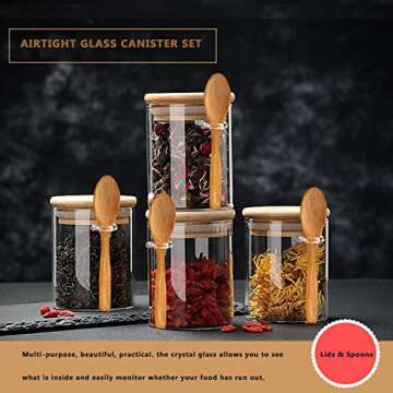 NEPIVEL 4 Pack Glass Jars with Bamboo Lids, 18.5Oz Containers Airtight Lid and Spoons,100% Sealed Spice for Candy Coffee Beans Sugar Nuts Cookies,540ml