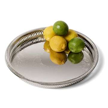 Elegance Round Metal Serving Tray,12.75 Inch Nickel Plated Bar Tray with Decorative Embossing Serves...