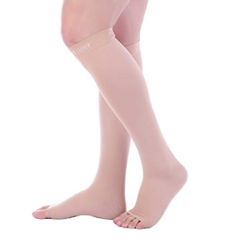 Doc Miller Toeless Compression Socks Women and Men 2 Pair - 20-30mmHg - Open Toe Compression Socks Women for Shin Splints Varicose Veins Leg Cramps Recovery - Support Circulation - Skin Nude Large
