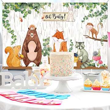 Woodland Baby Shower Backdrop Banner, Large Fabric Jungle Animal Birthday Party Decorations Woodland Creatures Forest Background for Boy or Girl Welcome Party, 72.8 x 43.3 Inch