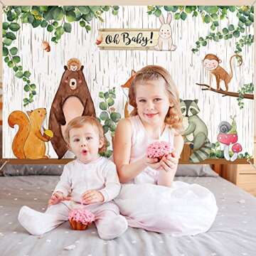 Woodland Baby Shower Backdrop Banner, Large Fabric Jungle Animal Birthday Party Decorations Woodland Creatures Forest Background for Boy or Girl Welcome Party, 72.8 x 43.3 Inch