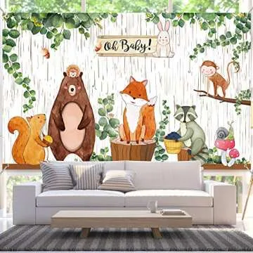 Woodland Baby Shower Backdrop Banner, Large Fabric Jungle Animal Birthday Party Decorations Woodland Creatures Forest Background for Boy or Girl Welcome Party, 72.8 x 43.3 Inch