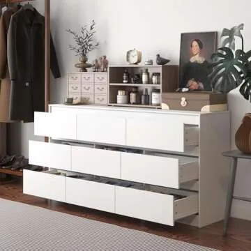 Hitow 9 Drawer Dresser for Bedroom with Deep Drawers, Large Floor Wood Dressers & Chest of Drawers Handle Free, Modern White Long Dressers for Closet Living Room, Euro Slide (63"W x 15.7"D x 31.5"H)
