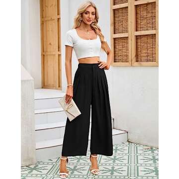KOJOOIN High Waist Wide Leg Pants for Women, Dress Pants for Women Elastic Waist Pleated Loose Fit Flowy Trousers Business Casual Elegant Work Palazzo Pants Blask S Black