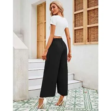 KOJOOIN High Waist Wide Leg Pants for Women, Dress Pants for Women Elastic Waist Pleated Loose Fit Flowy Trousers Business Casual Elegant Work Palazzo Pants Blask S Black