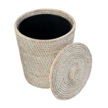 KOUBOO La Jolla Rattan Round Waste Basket With Lid & Plastic Insert, 2 Gallon Woven Wastebasket for ...