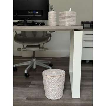KOUBOO La Jolla Rattan Round Waste Basket With Lid & Plastic Insert, 2 Gallon Woven Wastebasket for Bathroom, Kitchen, Office, Living Room, & Home Decor, White Wash